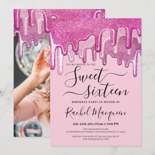 Girly Pink Thick Glitter Drips Foto Sweet 16 Kaart (Voorkant / Achterkant)