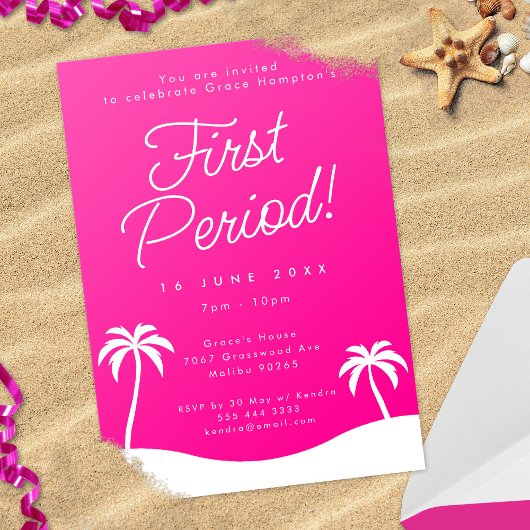 Girly Pink Trendy Beach Eerste Periode Party Kaart