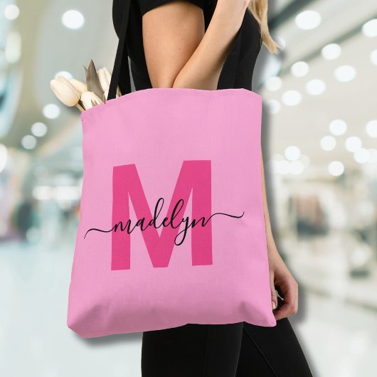 Girly Pink Trendy Modern Script Naam Monogram Tote Bag