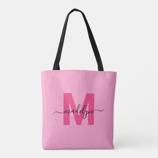 Girly Pink Trendy Modern Script Naam Monogram Tote Bag (Achterkant)