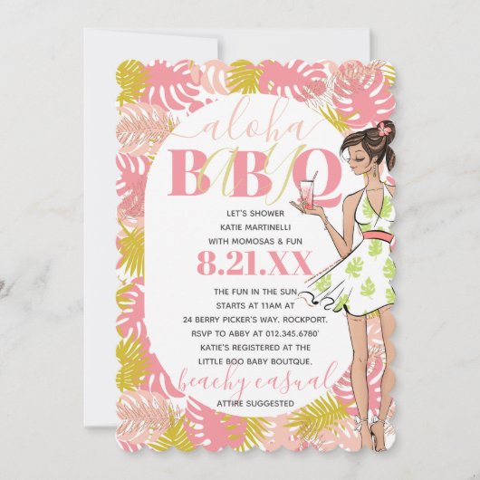 Girly Pink Tropical Aloha Baby BBQ Shower Invitat Kaart (Voorkant)