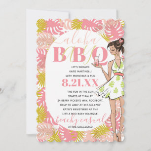 Girly Pink Tropical Aloha Baby BBQ Shower Invitat Kaart