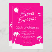 Girly Pink Tropical Beach Script Sweet Sixteen Kaart (Voorkant / Achterkant)