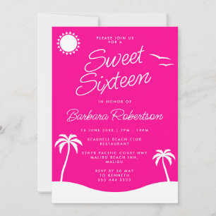 Girly Pink Tropical Beach Script Sweet Sixteen Kaart