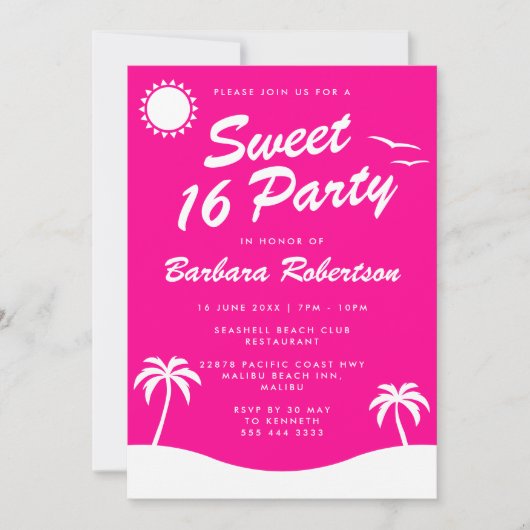 Girly Pink Tropical Beach Verjaardag Sweet 16 Kaart (Voorkant)