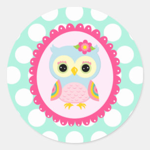 Girly Pink Uil Bloem & Regenboog Aqua Polka Dots Ronde Sticker