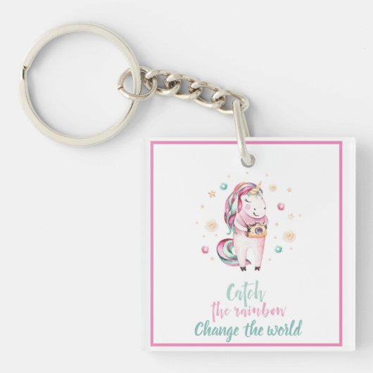 Girly Pink Unicorn Foto Sleutelhanger (Voorkant)