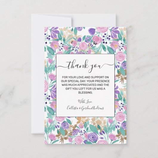 Girly Pink Violet Paarse Gold Waterverf Flowers Bedankkaart (Voorkant)