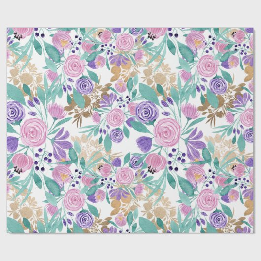 Girly Pink Violet Paarse Gold Waterverf Flowers Cadeaupapier (Vlak)