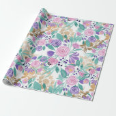 Girly Pink Violet Paarse Gold Waterverf Flowers Cadeaupapier (Uitgerold)