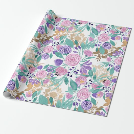 Girly Pink Violet Paarse Gold Waterverf Flowers Cadeaupapier (Uitgerold)