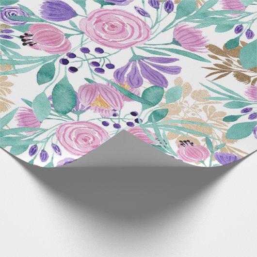 Girly Pink Violet Paarse Gold Waterverf Flowers Cadeaupapier (Hoek)