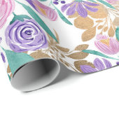 Girly Pink Violet Paarse Gold Waterverf Flowers Cadeaupapier (Rol Hoek)