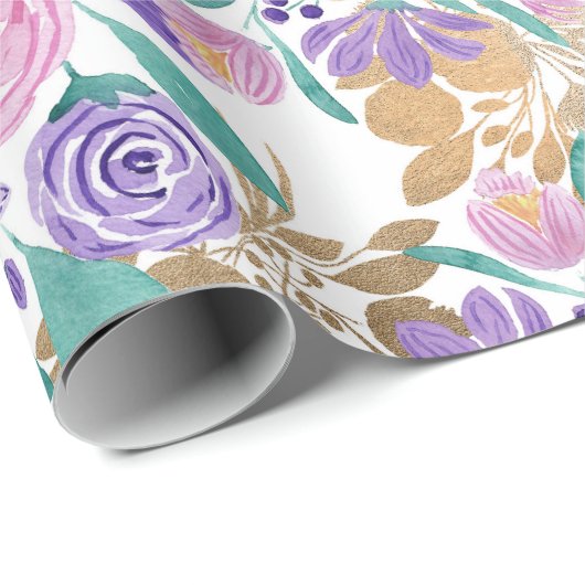 Girly Pink Violet Paarse Gold Waterverf Flowers Cadeaupapier (Rol Hoek)