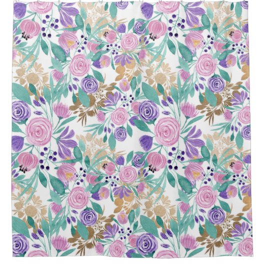 Girly Pink Violet Paarse Gold Waterverf Flowers Douchegordijn (Voorkant)