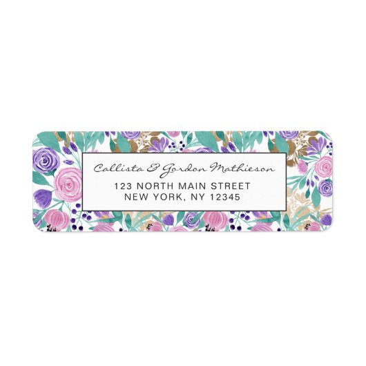 Girly Pink Violet Paarse Gold Waterverf Flowers Etiket (Voorkant)