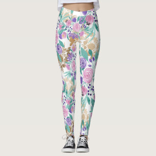 Girly Pink Violet Paarse Gold Waterverf Flowers Leggings