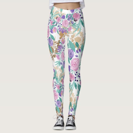 Girly Pink Violet Paarse Gold Waterverf Flowers Leggings (Voorkant)