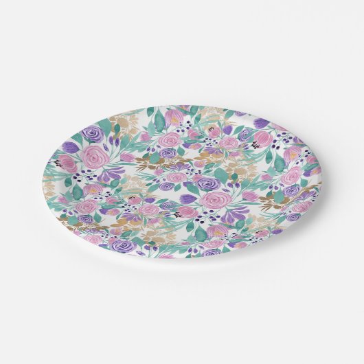 Girly Pink Violet Paarse Gold Waterverf Flowers Papieren Bordje (Gekanteld)