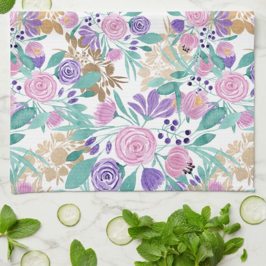 Girly Pink Violet Paarse Gold Waterverf Flowers Theedoek (Gevouwen)
