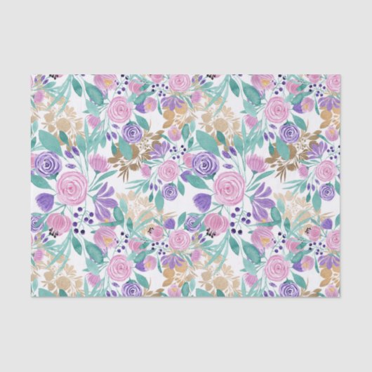 Girly Pink Violet Paarse Gold Waterverf Flowers Tissuepapier (Voorkant)