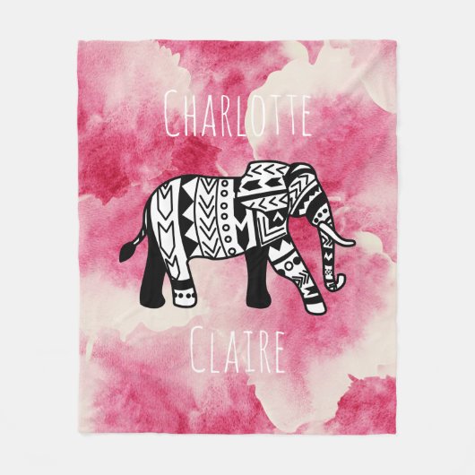 Girly Pink Waterverf Black & White Tribe Elephant Fleece Deken (Voorkant)
