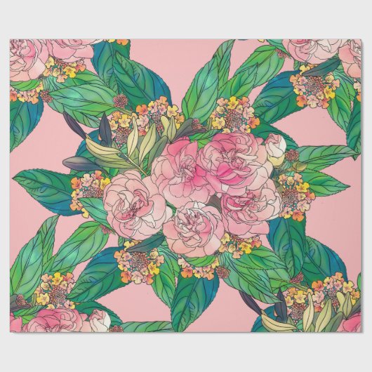 Girly Pink Waterverf Floral Hand Paint Cadeaupapier (Vlak)