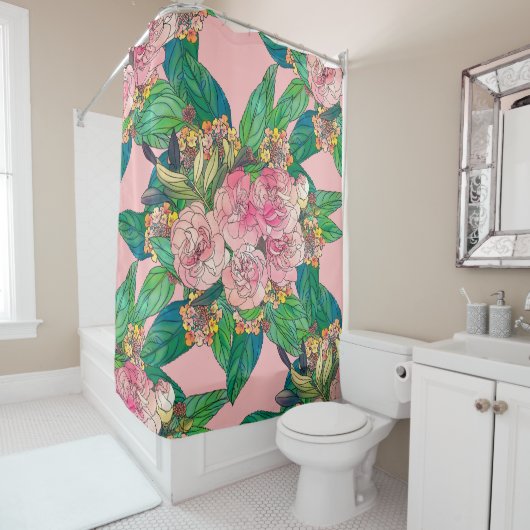 Girly Pink Waterverf Floral Hand Paint Douchegordijn (In situ)