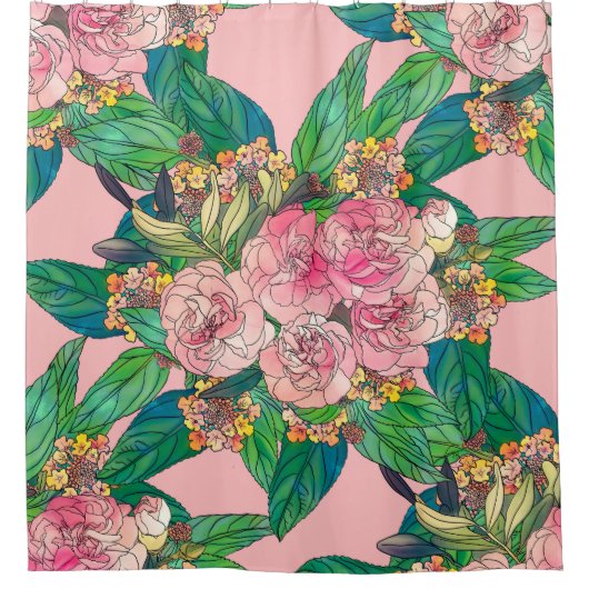 Girly Pink Waterverf Floral Hand Paint Douchegordijn (Voorkant)