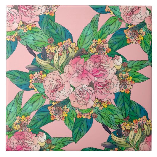 Girly Pink Waterverf Floral Hand Paint Tegeltje (Voorkant)