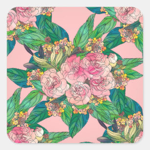 Girly Pink Waterverf Floral Hand Paint Vierkante Sticker