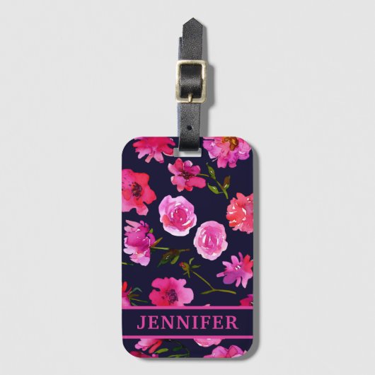 Girly Pink Waterverf Floral Persoonlijke benaming Bagagelabel (Voorkant (verticaal))