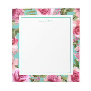 Girly Pink Waterverf Flowers Blue Name Notitieblok