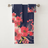 Girly Pink Waterverf Flowers & Navy Blue Bad Handdoek (Insitu)