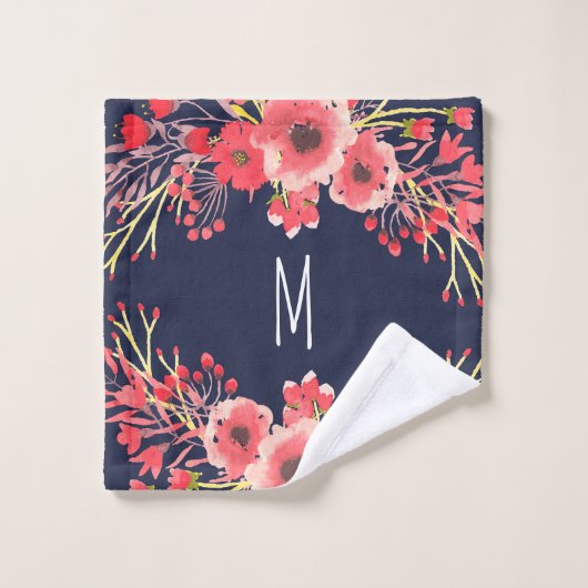 Girly Pink Waterverf Flowers & Navy Blue Bad Handdoek (Wasdoekje)