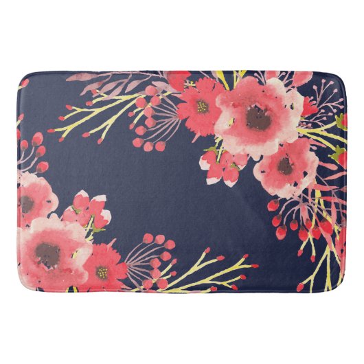 Girly Pink Waterverf Flowers & Navy Blue Badmat (Voorkant)