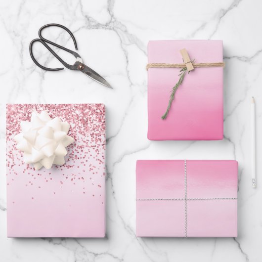 Girly Pink Waterverf Glitzy Sparkle Glitter Inpakpapier Vel (Voorkant)