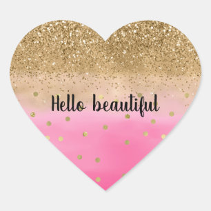 Girly Pink Waterverf Gold Glitter Glitz Confetti Hart Sticker