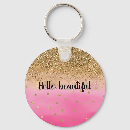 Girly Pink Waterverf Gold Glitter Glitz Confetti Sleutelhanger (Voorkant)