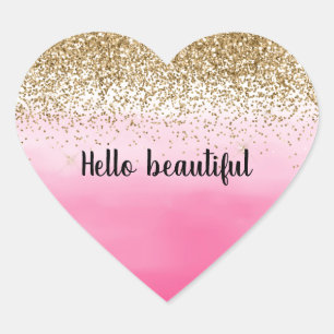 Girly Pink Waterverf Gold Glitter Hart Sticker