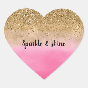 Girly Pink Waterverf Gold Glitter Hart Sticker