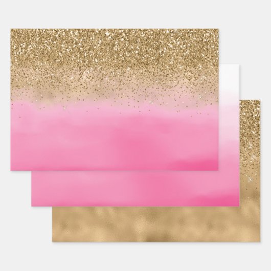 Girly Pink Waterverf Gold Glitter Inpakpapier Vel (Set)