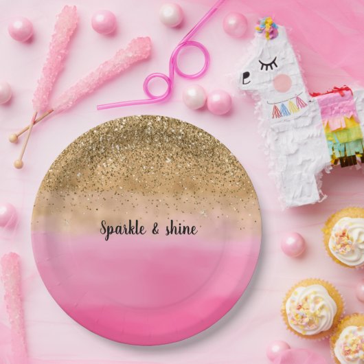 Girly Pink Waterverf Gold Glitter Papieren Bordje (Feest)