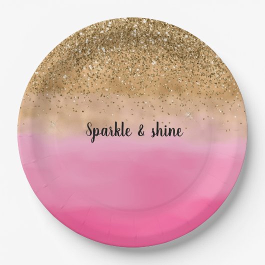 Girly Pink Waterverf Gold Glitter Papieren Bordje (Voorkant)