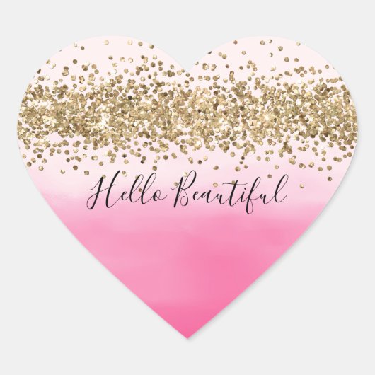 Girly Pink Waterverf Ombre Gold Glitter Glitz Hart Sticker (Voorkant)