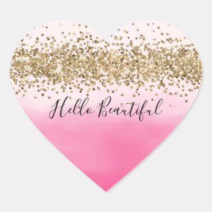 Girly Pink Waterverf Ombre Gold Glitter Glitz Hart Sticker