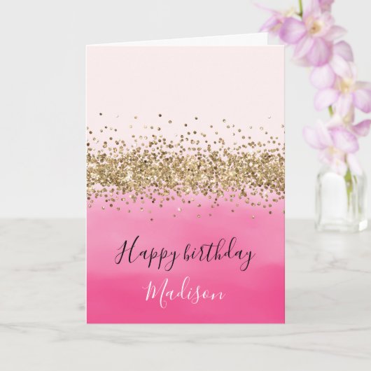 Girly Pink Waterverf Ombre Gold Glitter Glitz Kaart (Orchidee)