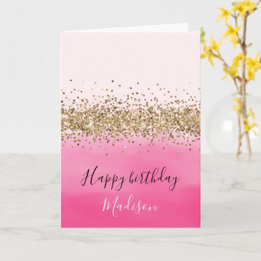 Girly Pink Waterverf Ombre Gold Glitter Glitz Kaart (Gele Bloem)