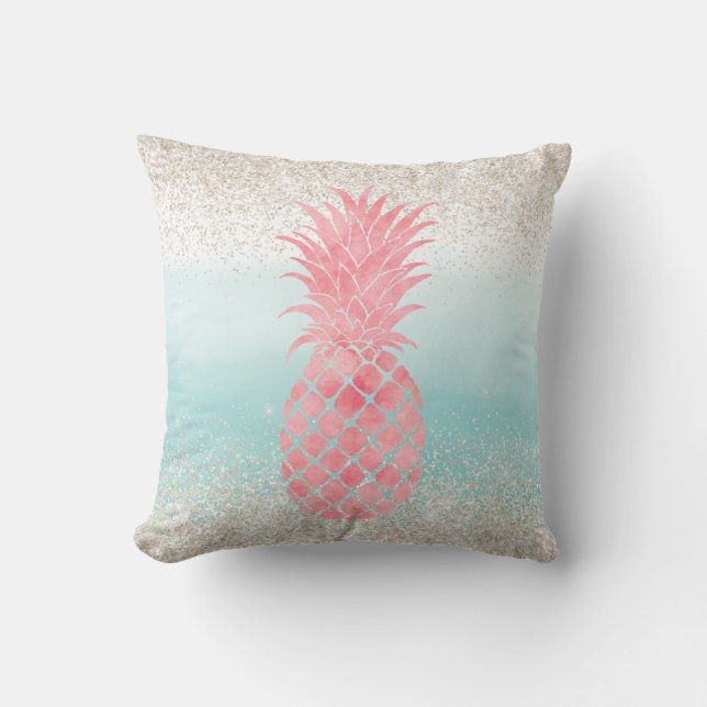 Girly Pink Waterverf Tropische ananas Kussen (Voorkant)