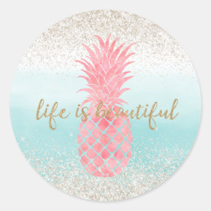 Girly Pink Waterverf Tropische ananas Ronde Sticker